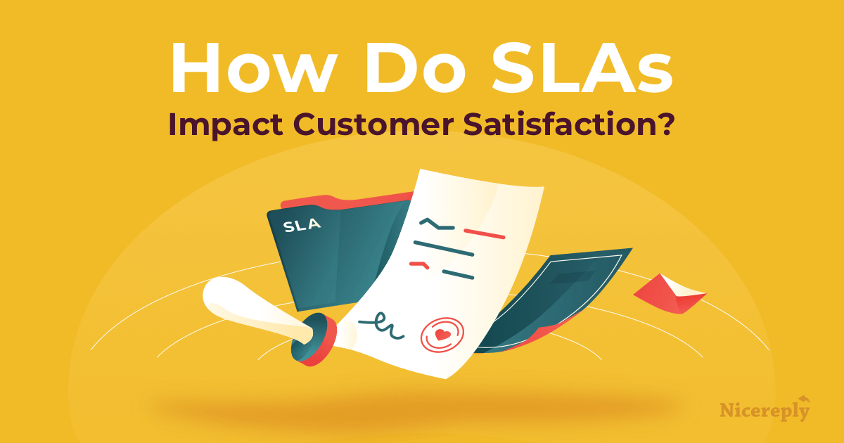  An illustration of a document with a stamp that reads 'SLA' with a quill pen and an envelope on a yellow background. The text on the left reads 'How do SLAs impact customer satisfaction?'